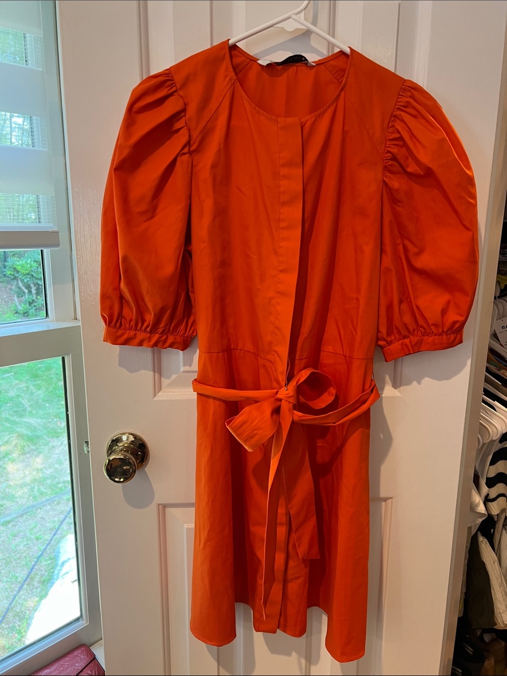 Zara Orange Puff Sleeve Tie-Waist Dress
